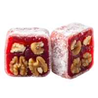 Traditional Turkish delight with nuts on display in simple setting png