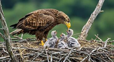 A bald eagle feeds its young photo