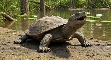 A turtle is standing in the water photo