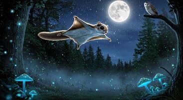 A squirrel flying over a forest with mushrooms and bats photo
