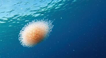 A jellyfish floating in the ocean with a large white spot photo