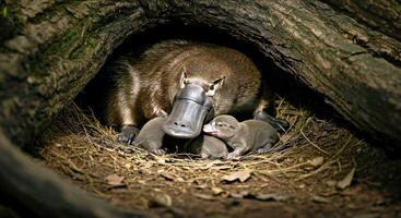 A mother platypus with her babies photo