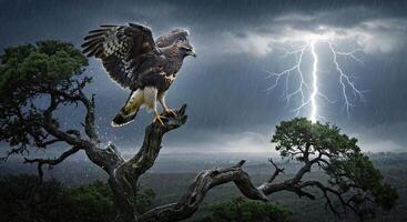 An eagle is perched on a tree branch in front of a lightning bolt photo
