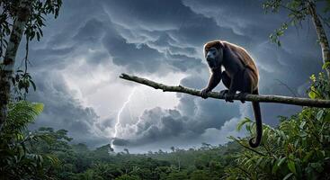 A monkey sits on a branch in the rain photo