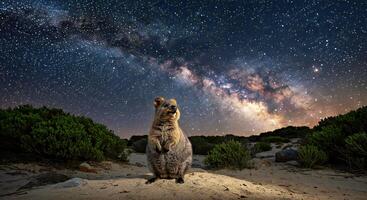 A kangaroo stands on a rock in the desert under a starry sky photo