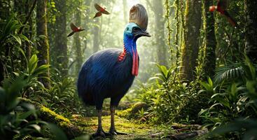 A blue bird with a red beak stands in the middle of a jungle photo
