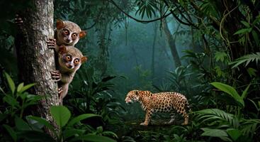Two leopards are standing on a tree in the jungle photo