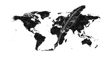 A black and white world map with a feather in the middle photo