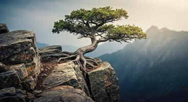 A lone tree growing on top of a mountain photo