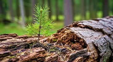 A small tree is growing on a log in the forest photo
