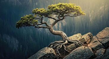 A tree growing on top of a rock photo