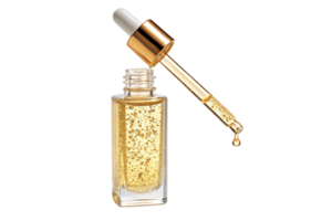 A sleek cylindrical bottle of golden serum. A gold-capped dropper with visible measurement markings adds functionality and sophistication png