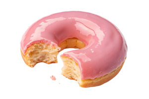 A classic donut topped with shiny pink glaze, a bite taken to reveal the soft, fluffy inside, tempting and indulgent png