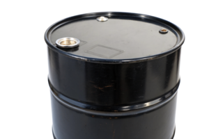 A black industrial barrel with metallic openings and a textured surface, showcasing wear and scratches for a rugged appearance png