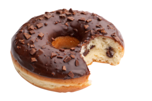 A closer look at the donut's rich chocolate glaze and interior texture, highlighting chocolate chips embedded in the dough png