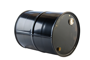 A sleek black metal barrel lying horizontally, its shiny surface reflecting light with visible access points and industrial branding png