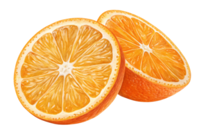 A detailed realistic illustration of an orange sliced in half, displaying vibrant juicy interiors with textured rind. Bright, fresh, and appetizing png