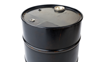 A close-up view of a black drum with dual openings, highlighting its durable design and slight rust spots for a vintage industrial look png