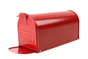 A sleek red mailbox with its door open, revealing a clean interior, designed for functionality and visual appeal with a glossy finish png