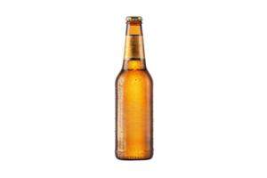 An amber beer bottle, adorned with condensation droplets, golden cap, and reflective highlights, symbolizing freshness and quality png