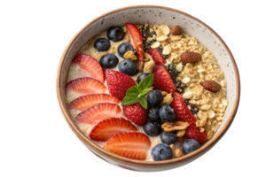 A rustic bowl with granola, sliced strawberries, blueberries, mint, and a drizzle of honey for a nutritious and aesthetic breakfast png