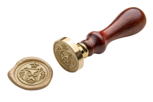A gold wax seal featuring a royal crest, paired with a polished brass stamp and wooden handle, emphasizing luxury and timeless craftsmanship png