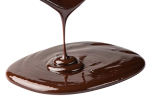 Glossy melted chocolate gracefully pouring and pooling, creating tantalizing ripples and capturing its rich, velvety texture png
