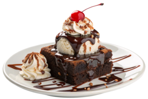 A fudgy brownie topped with vanilla ice cream, whipped cream, chocolate syrup, and a cherry, creating a decadent dessert on a pristine white plate png