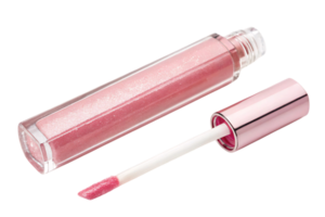 A sparkling pink lip gloss in a rectangular transparent tube with a shiny metallic pink cap and precision applicator png