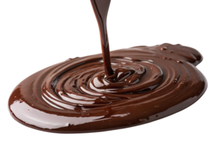 A stream of glossy melted chocolate pouring onto a surface, creating smooth, shiny swirls with a rich, indulgent texture png
