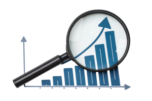 A realistic magnifying glass focused on a 3D blue bar chart with an arrow pointing upwards, suggesting progress or success png
