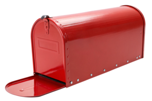 A vibrant red mailbox with the door ajar, showcasing clean lines, rivet details, and a durable, polished design perfect for curbside use png