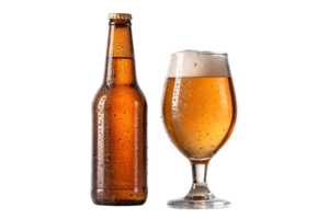 A chilled amber beer bottle alongside a filled beer glass with frothy foam, creating a crisp and refreshing presentation png