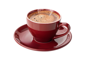 A close-up of a steaming espresso in a glossy red mug, with frothy crema and soft swirls on the surface png