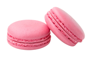 A close-up of pink macarons, highlighting their soft, crumbly texture and creamy filling, placed slightly leaning for a playful arrangement png