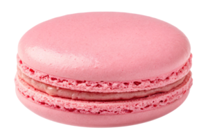 A vibrant close-up of a perfectly round pink macaron with delicate filling, showcasing its smooth and airy texture png