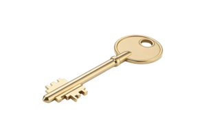 A polished gold key with a circular head and intricate grooves. Its simple yet elegant design exudes modern luxury and precision craftsmanship png