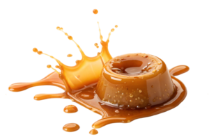 A vibrant caramel pudding splashing dramatically, with rich golden hues and glossy texture, creating an appetizing and dynamic visual png