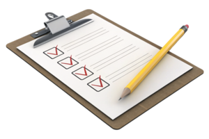 Sleek clipboard with metallic clips and a checklist showing red checkmarks, with a yellow pencil lying at an angle for emphasis png