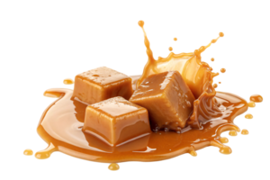 Caramel cubes drizzled with glossy caramel sauce, creating a rich, indulgent visual of smooth textures and golden hues png
