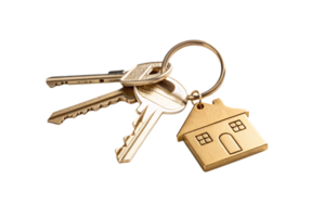 A keyring featuring metallic keys and a golden house-shaped charm, highlighting simplicity and focus on home-related symbolism png