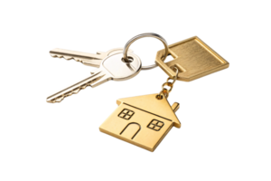 A close-up of keys with a golden house keychain, offering a minimalist and polished representation of home and property png