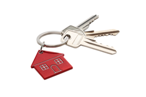 A keyring with metallic keys and a red house-shaped charm, symbolizing homeownership or property access with a vibrant touch png