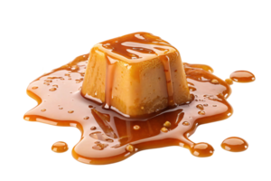 A single caramel flan drenched in glossy caramel sauce, with rich tones and creamy textures, exuding indulgence and flavor png