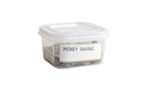 A transparent plastic container labeled MONEY SAVING filled with coins and bills, representing budgeting and financial planning png