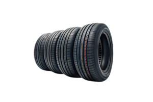 Four tires aligned in a diagonal row, revealing their sidewalls and multi-groove tread designs. Subtle color lines on one add visual interest png