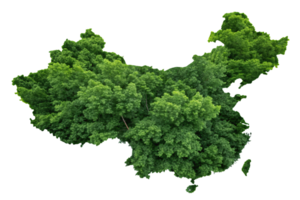 A map of China, emphasizing lush foliage with varying shades of green, symbolizing the richness of its ecological zones png