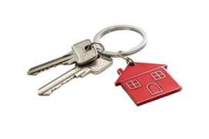 Two silver keys on a ring attached to a red house keychain, emphasizing a modern and minimalist home symbol png