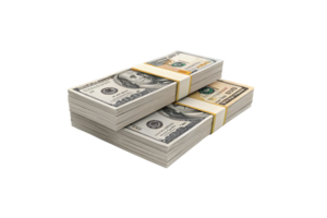Stacks of 100 bills bound by yellow bands, arranged neatly, symbolizing wealth and financial prosperity, with a minimalist black background emphasizing the focus png