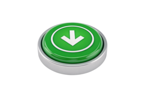 A metallic-framed button with a smooth green surface, featuring a downward white arrow. The button has a clean, futuristic design feel png